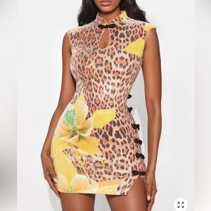 Fashion Nova Leopard & Yellow Floral Mini Dress